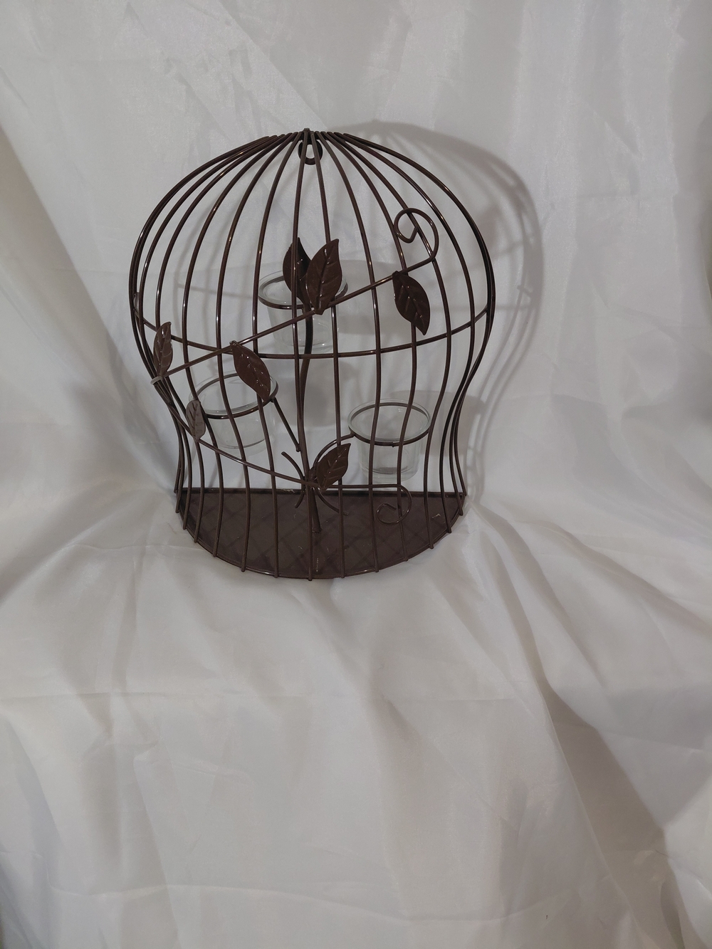 Decorative Brown Metal Birdcage Wall Shelf with Leaf Motif